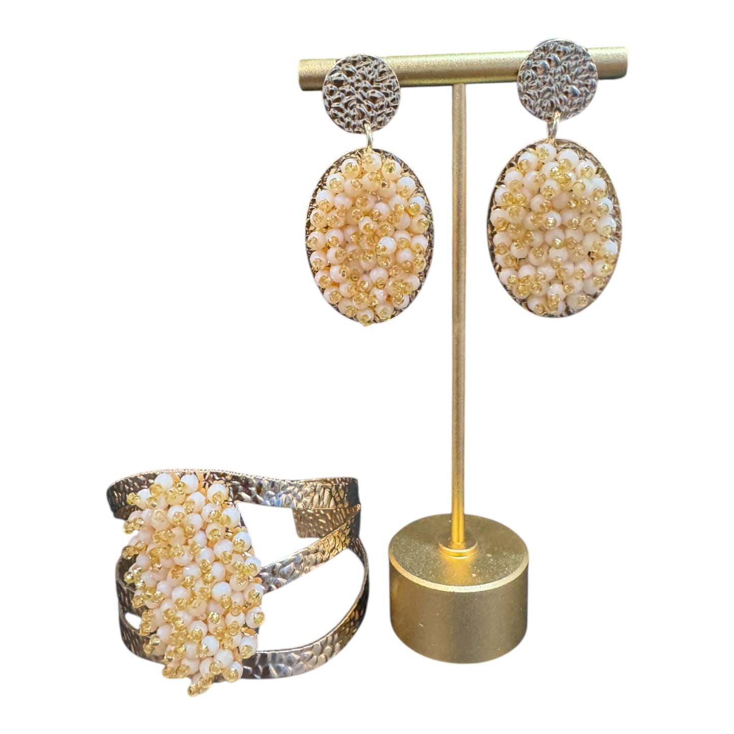 Handcrafted Bracelet and Long Earring Set Ivory Gold