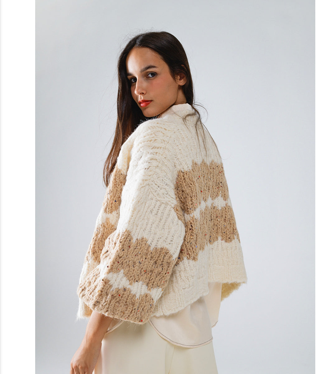 Chunky Knit Striped Cardigan With Sequin Details in Cream