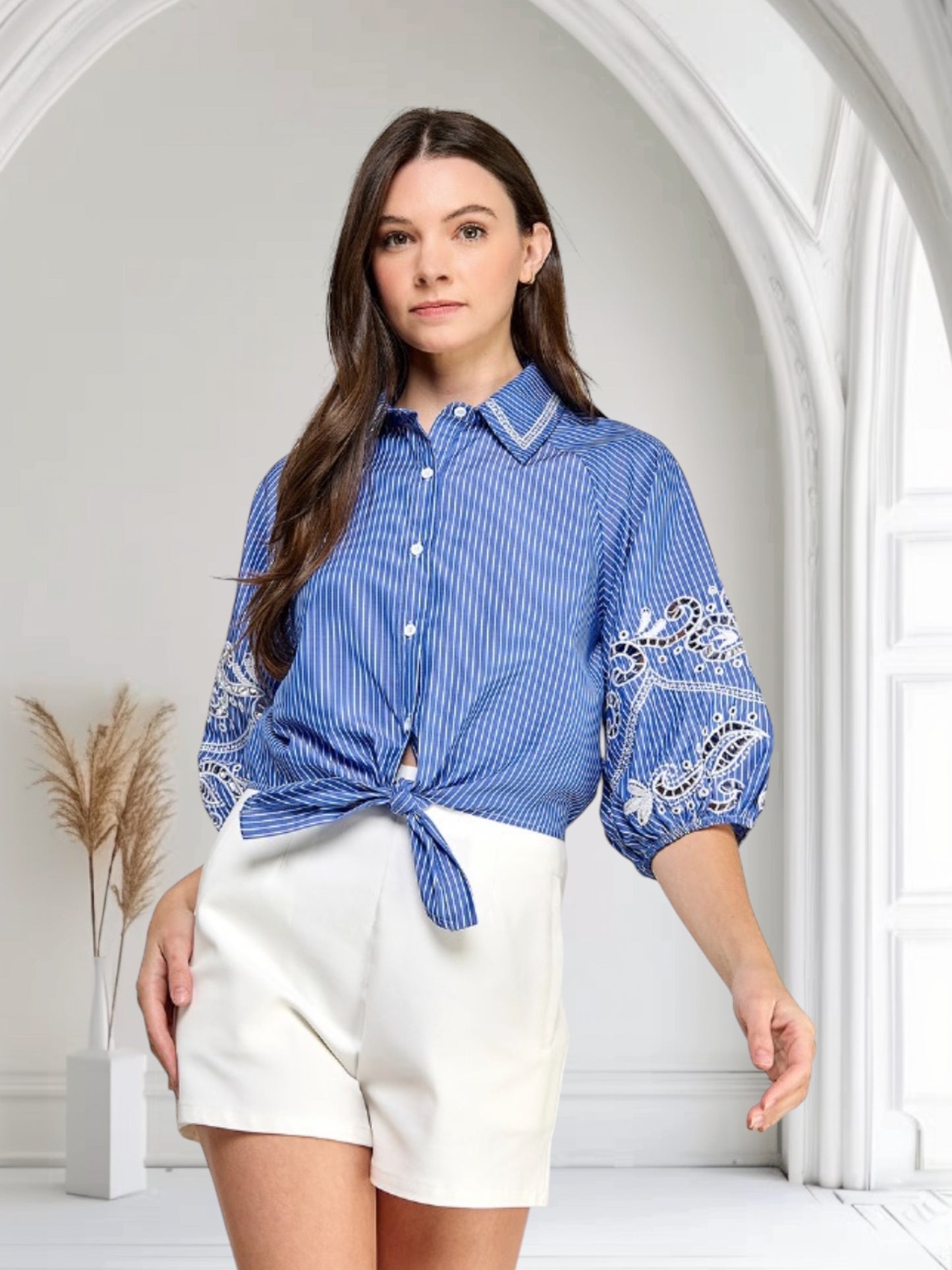 Embroidery Sleeves Top with Striped Blue