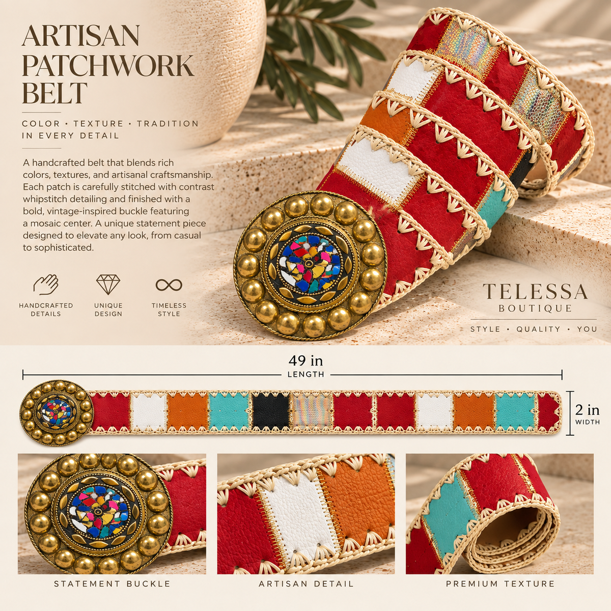Multicolor Artisan Patchwork Statement Belt