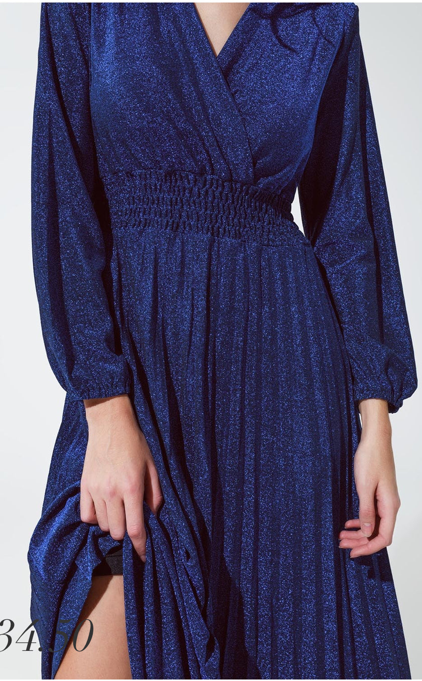 Blue shiny fitted high waist maxi dress with V neck in Blue