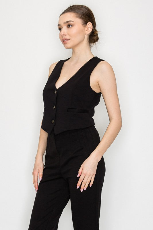 Button - Down Crop Vest Top Black