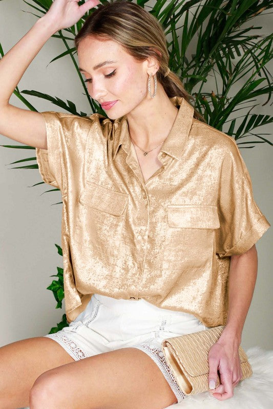 Metalic Blouse with Pockets in Gold