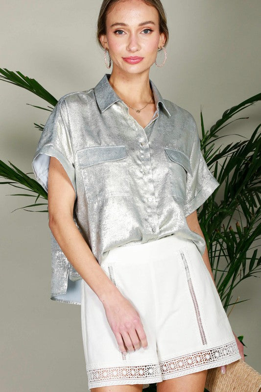Metalic Blouse with Pocket in Silver