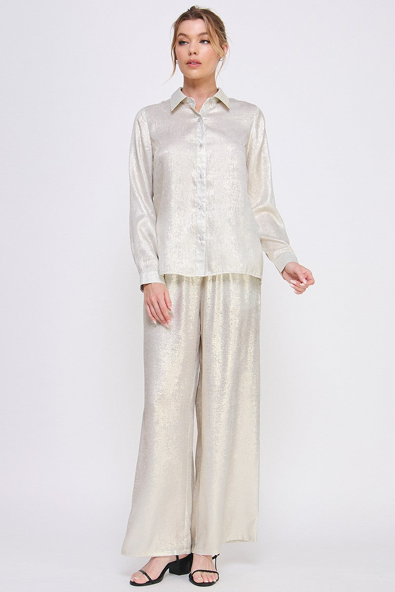 Long Sleeve Brushed Satin Button Down Shirt