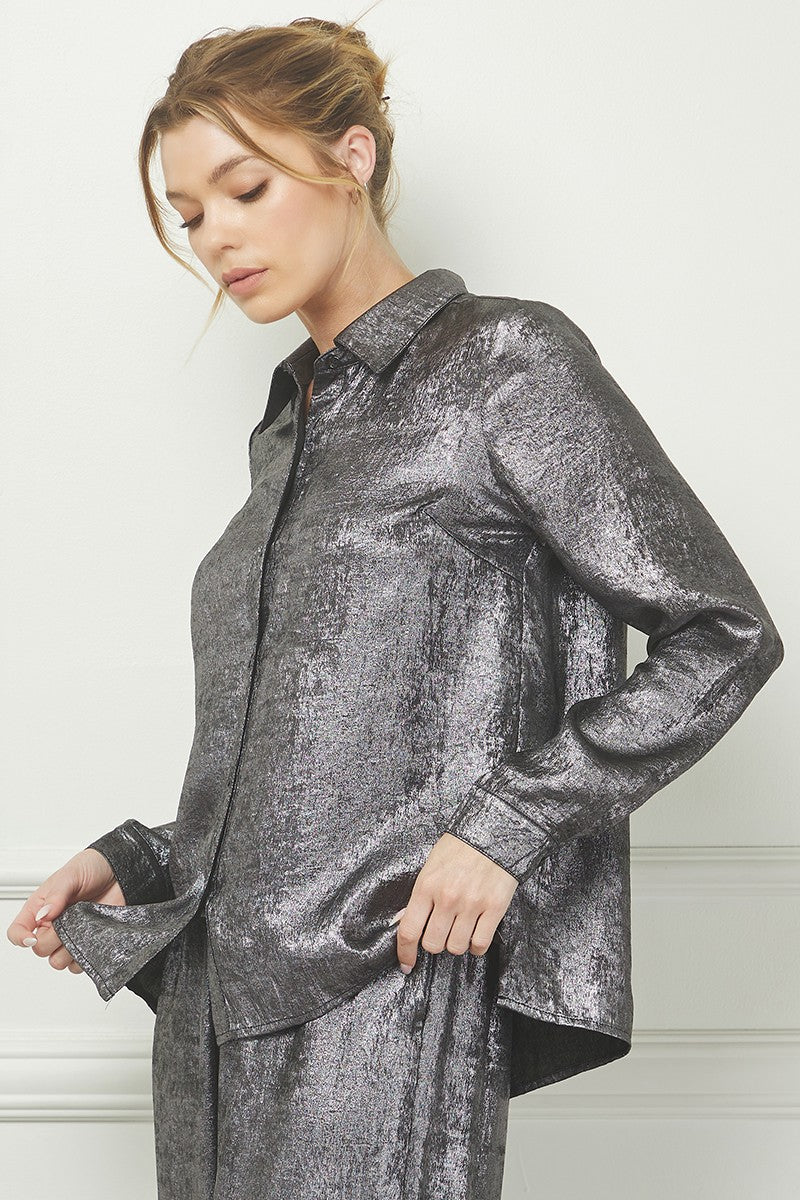 Long Sleeeve Brushed Satin Button Front Shirt