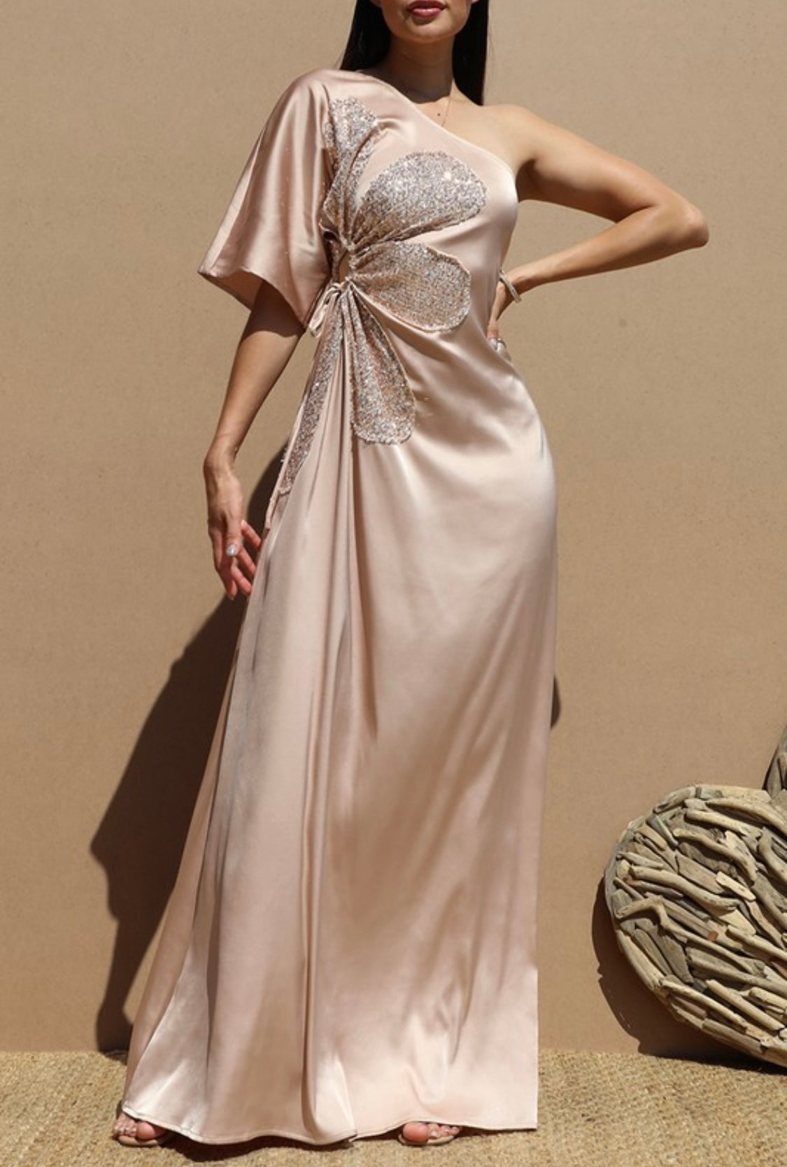 One Shoulder Satin Maxi Dress Champagne