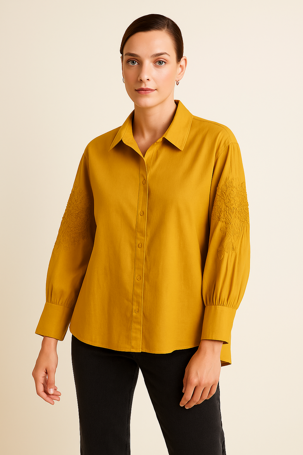 Italian Shirt with Sleeves Embroidery Mustard