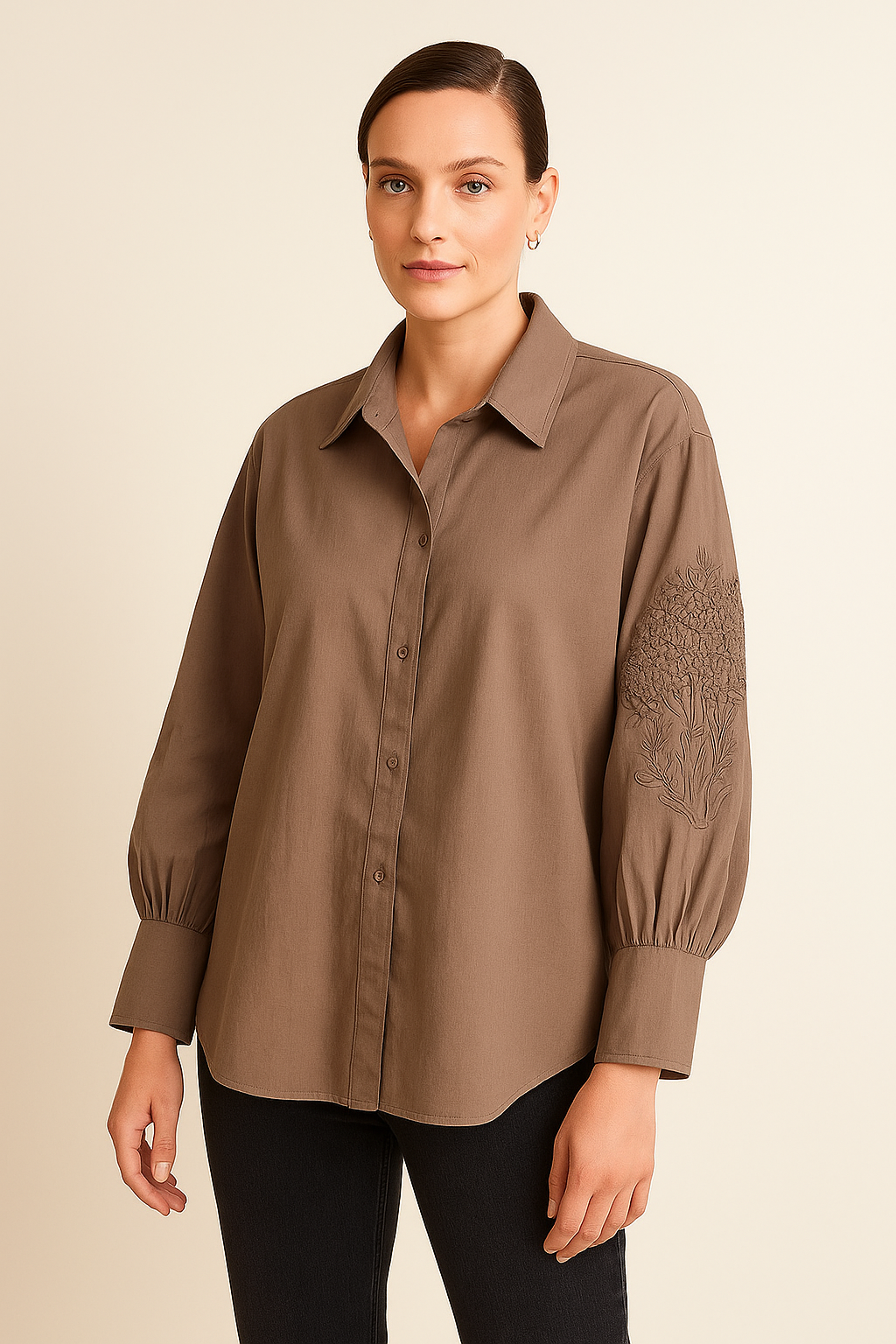 Italian Shirt with Sleeves Embroidery Taupe