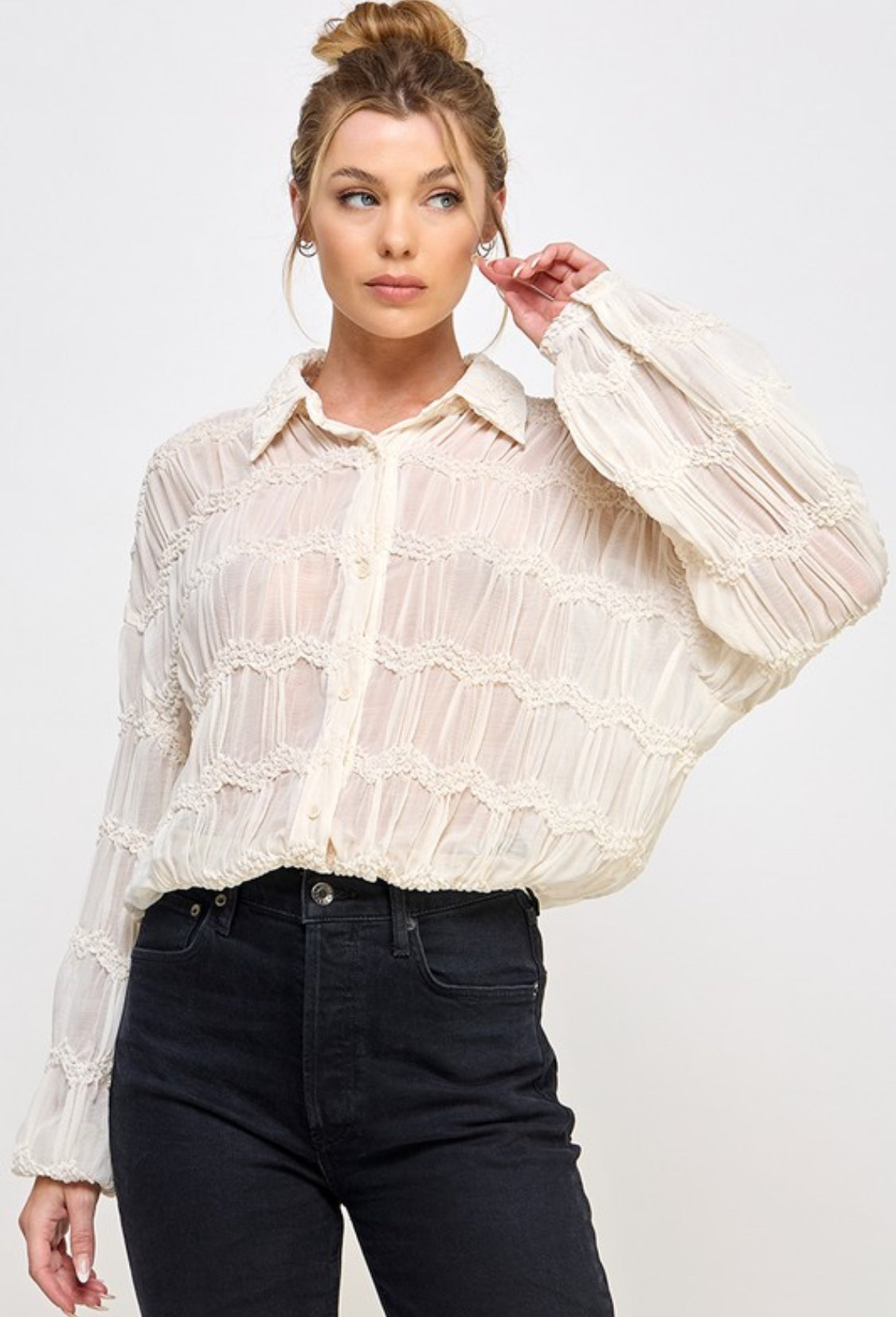 Romantic Sheer Button Front Blouse