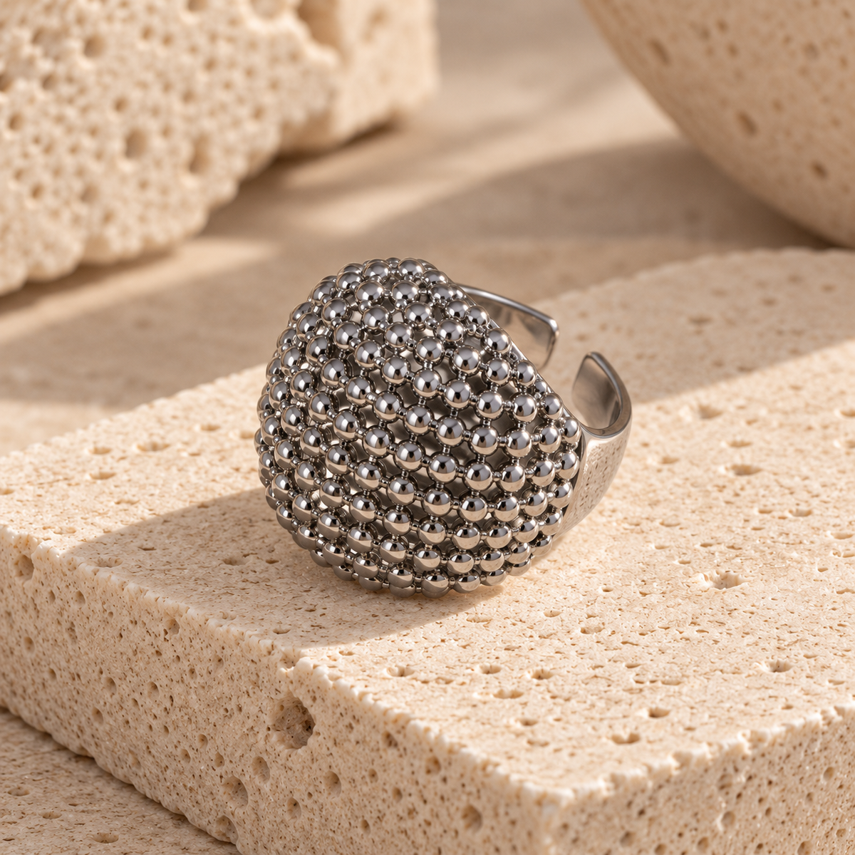 Silver Beaded Dome Statement Ring