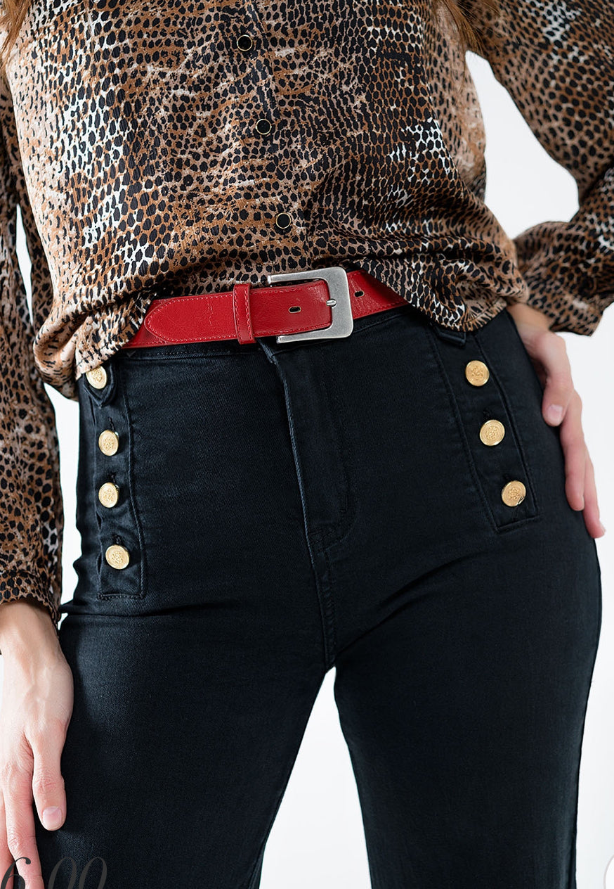 Straight Jeans With Gold Buttons At the Side in black