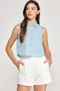 Embroidery Denim Top with Pearl Bow Light Blue