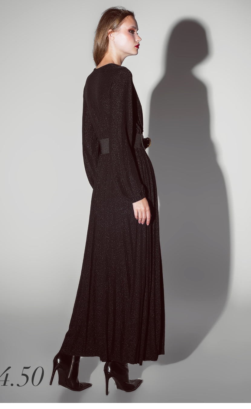 Party Long Sleeve Maxi Dress with Glitter in Black (Belt not included)