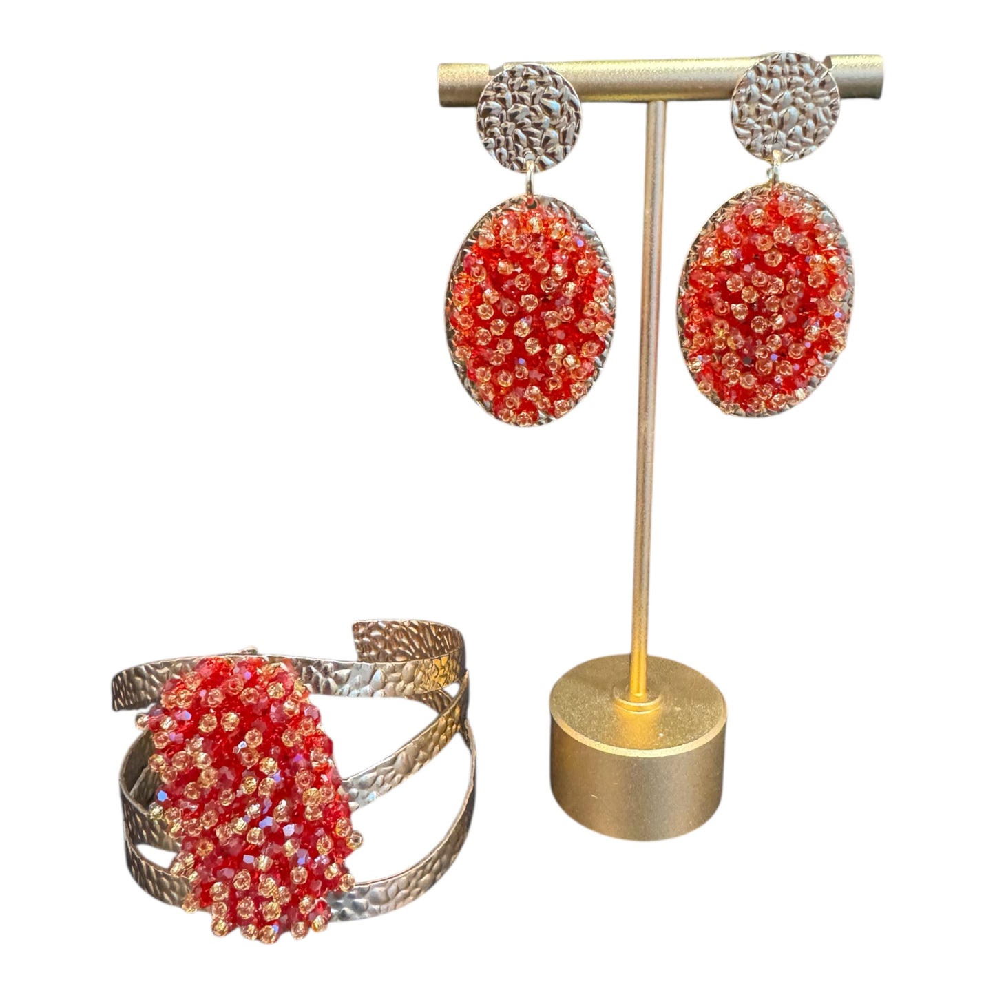 Handcrafted Bracelet and Long Earring Set Red Gold