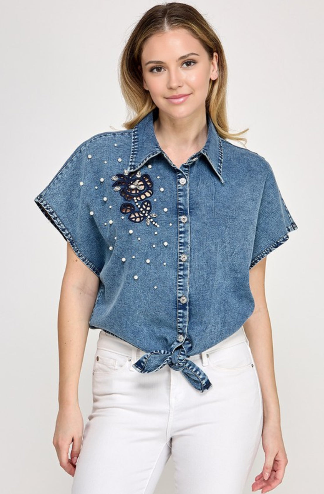 Denim Top With Embroidery and Pearls and Rhinestones Accents