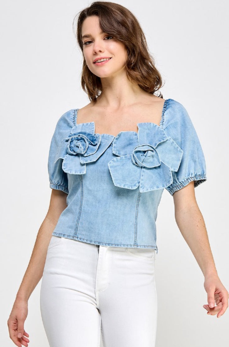 Flowers 3D Denim Top