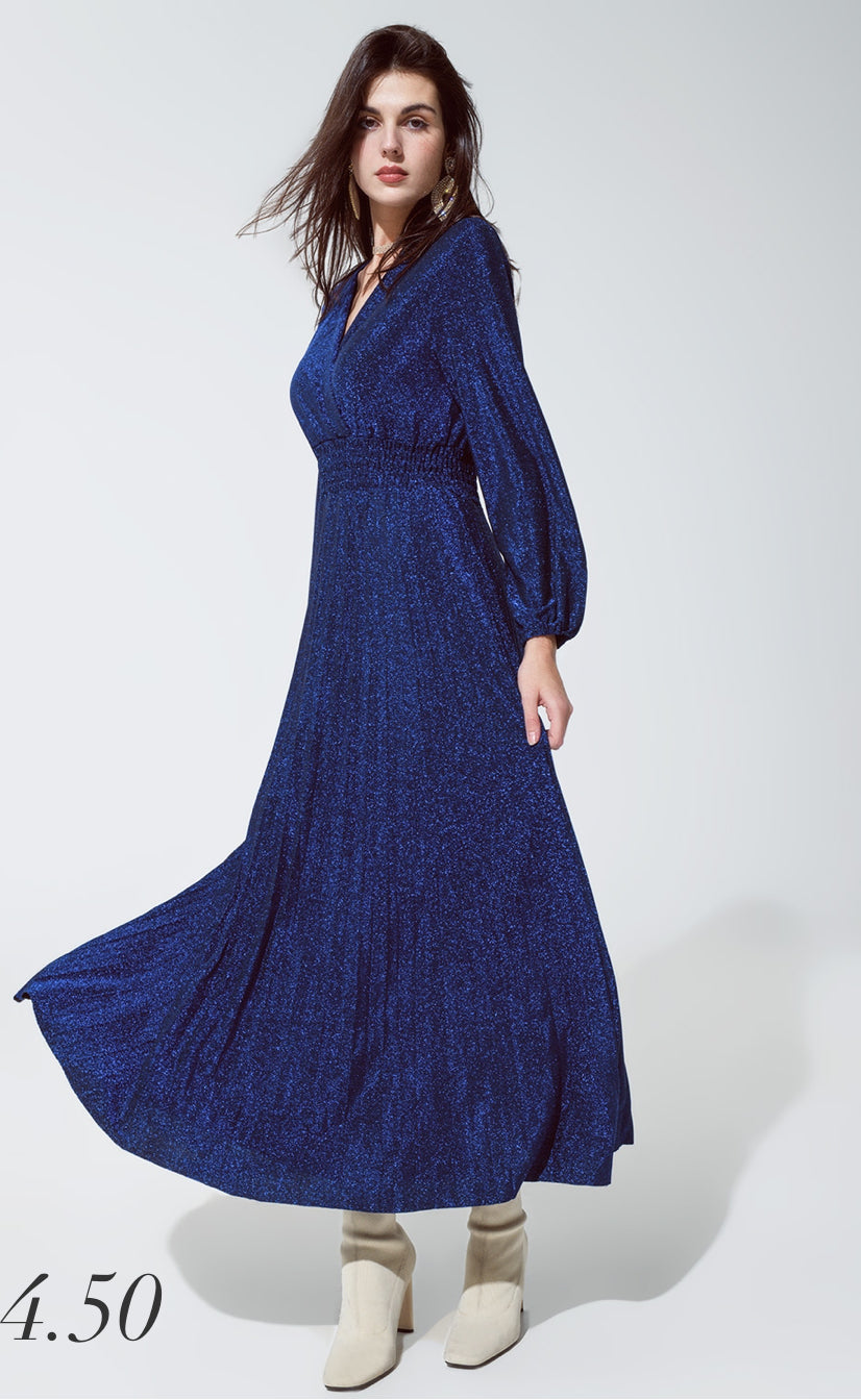 Blue shiny fitted high waist maxi dress with V neck in Blue
