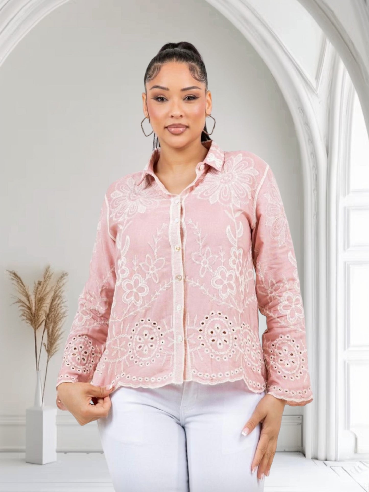 Embroidery Top with Long Sleeves Pink