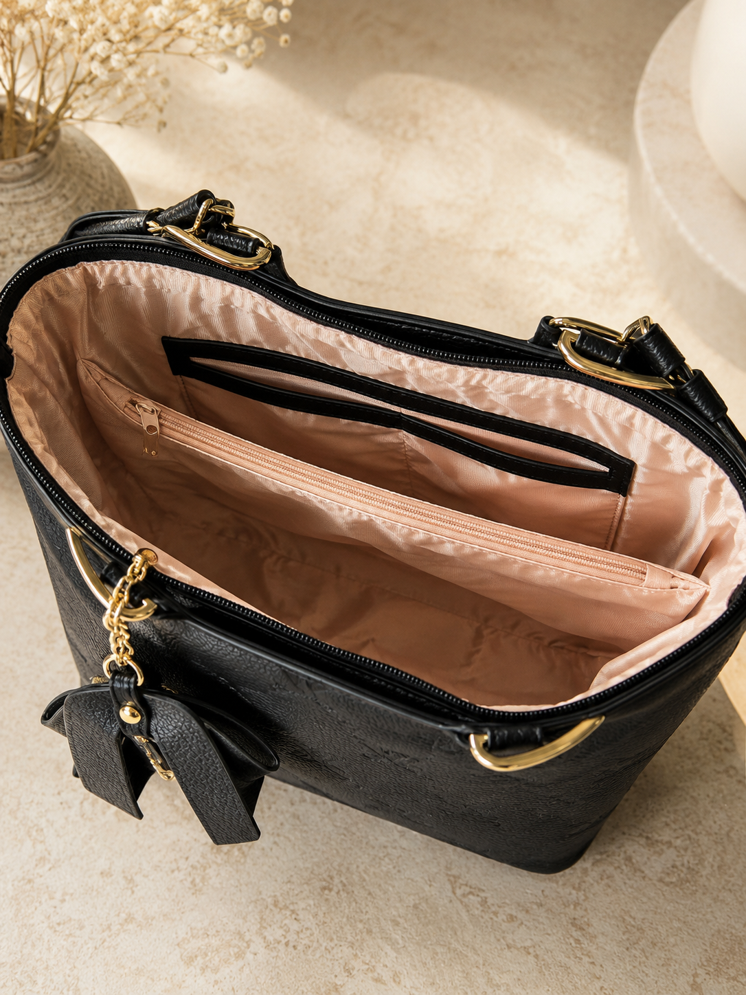 Black Beige Monogram Luxe 3 In One Handbag Set