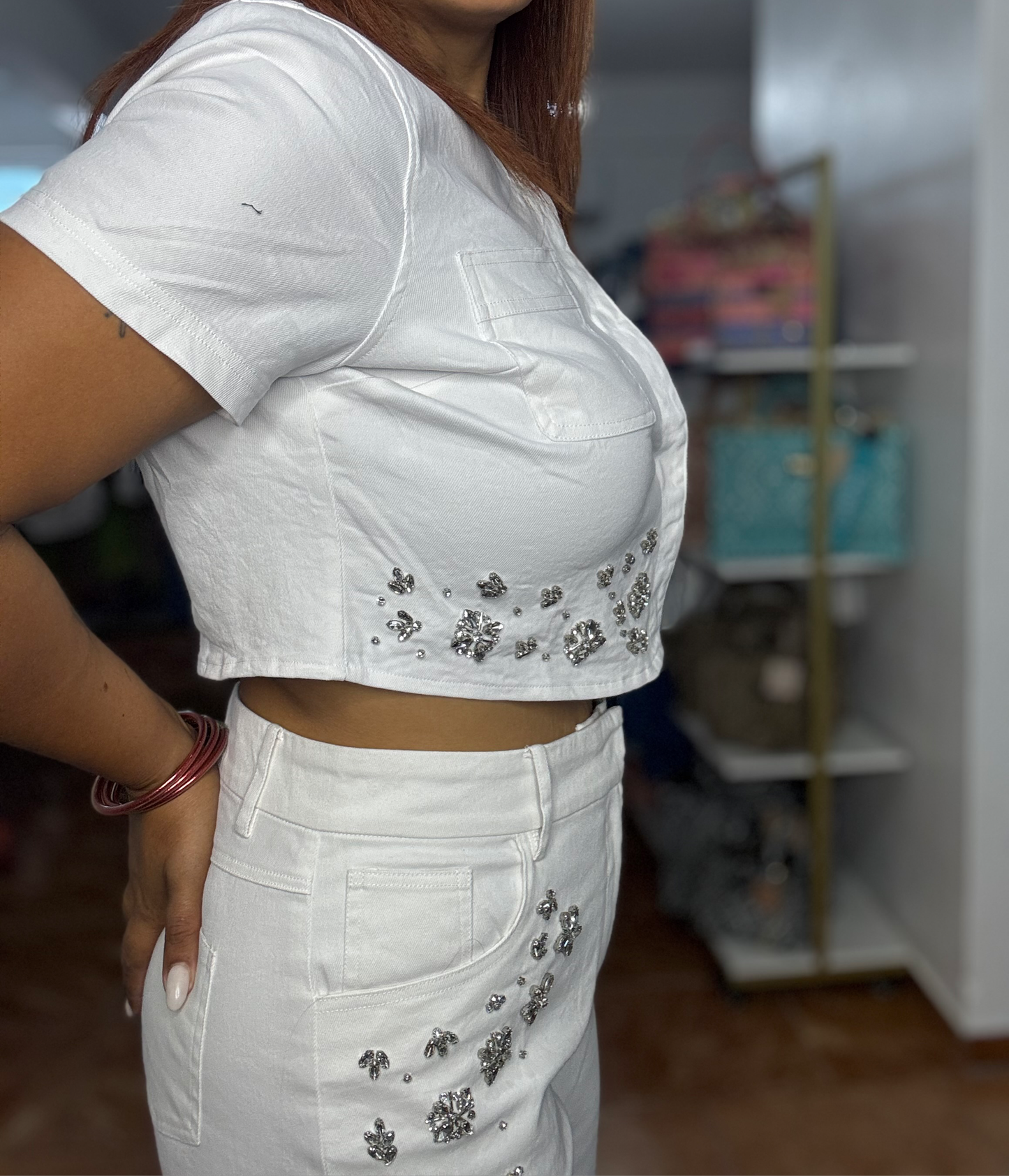 Rhinestones Crop & Pant Set White