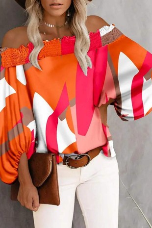 Long Sleeves Colorblock off shoulder Print Top