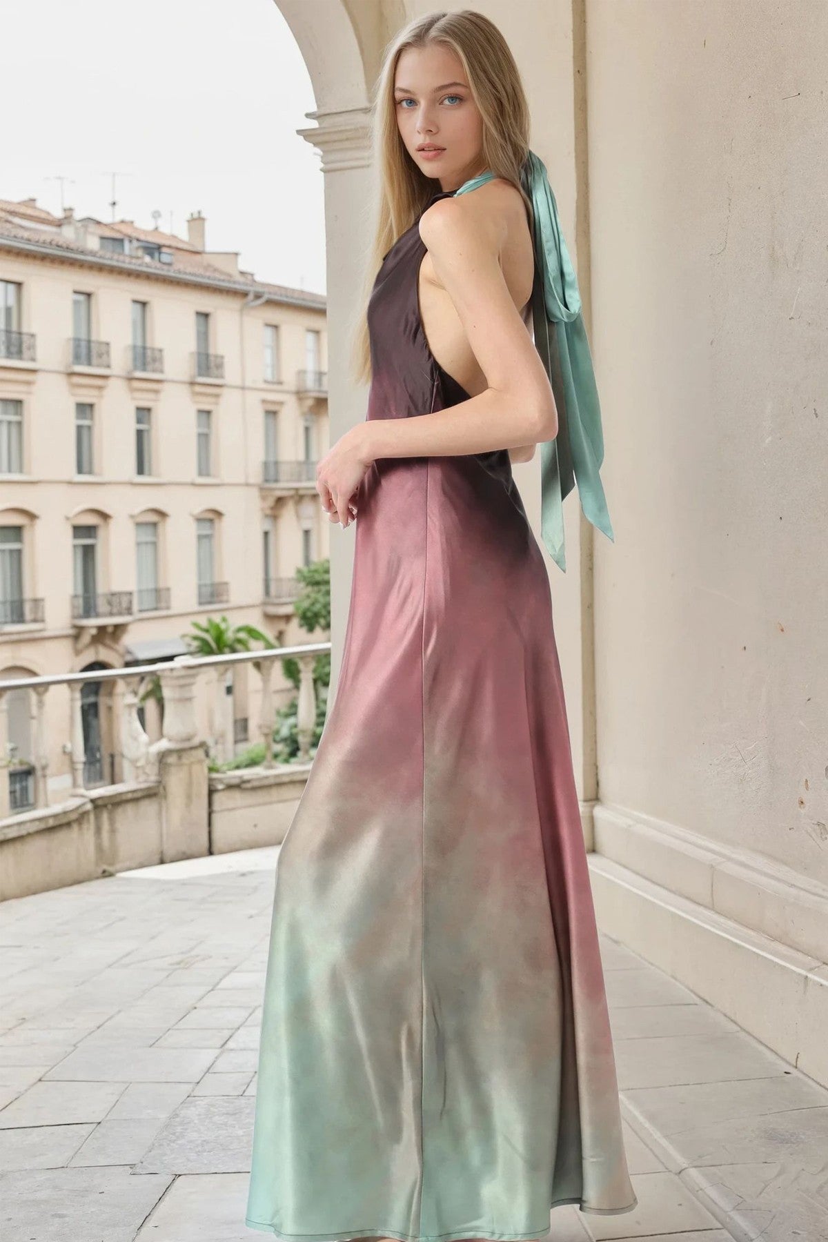 Cowl Neck Halter Tier Tie Back Neck Strap Ombre Maxi Dress