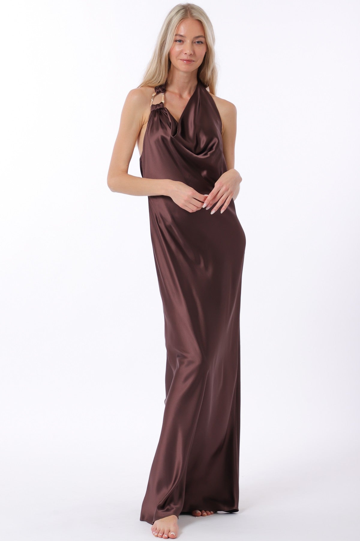 Long Satin Dress Brown Hue And Open V-Back