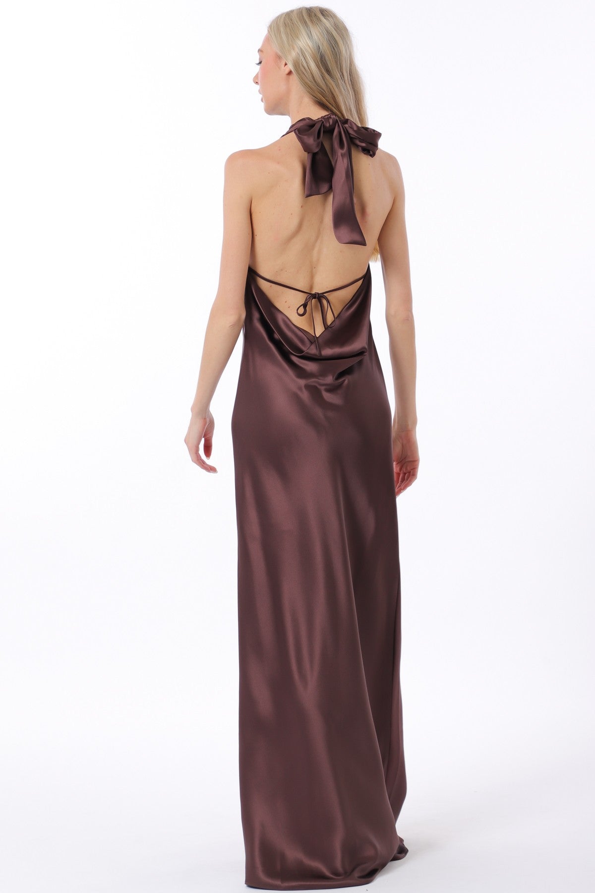 Long Satin Dress Brown Hue And Open V-Back