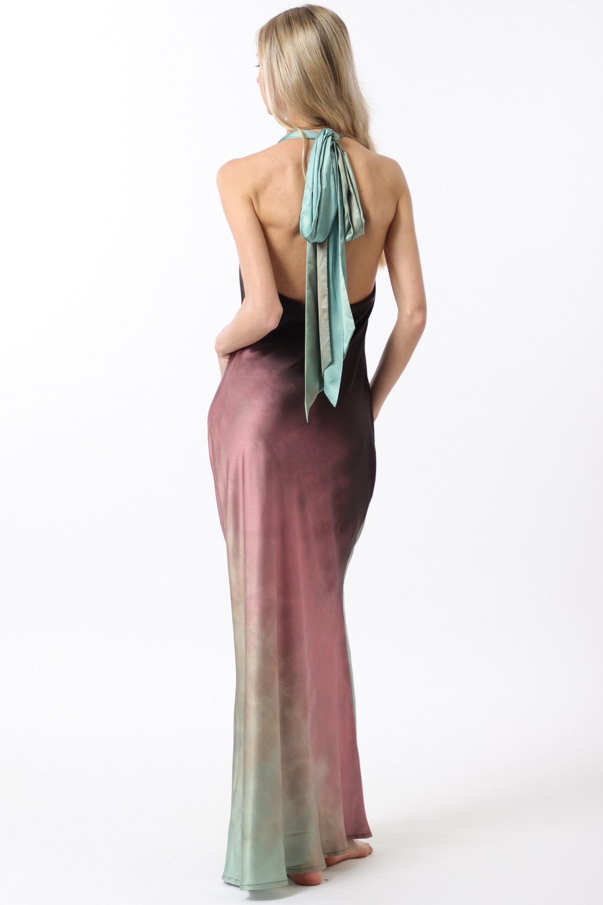 Cowl Neck Halter Tier Tie Back Neck Strap Ombre Maxi Dress