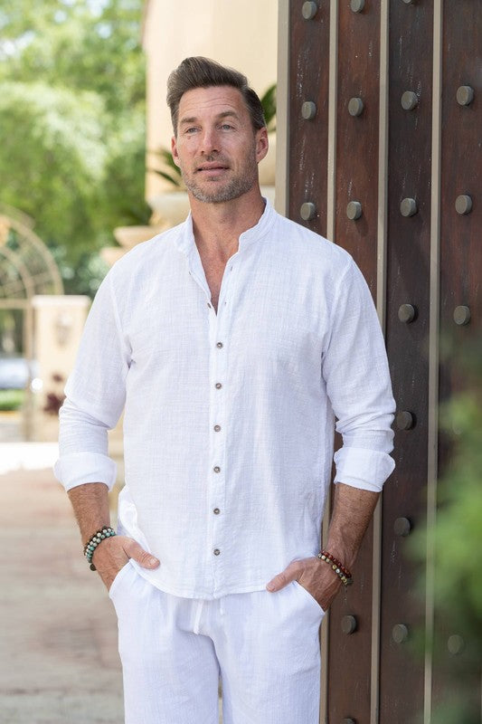Mandarin collar long sleeve button down shirt