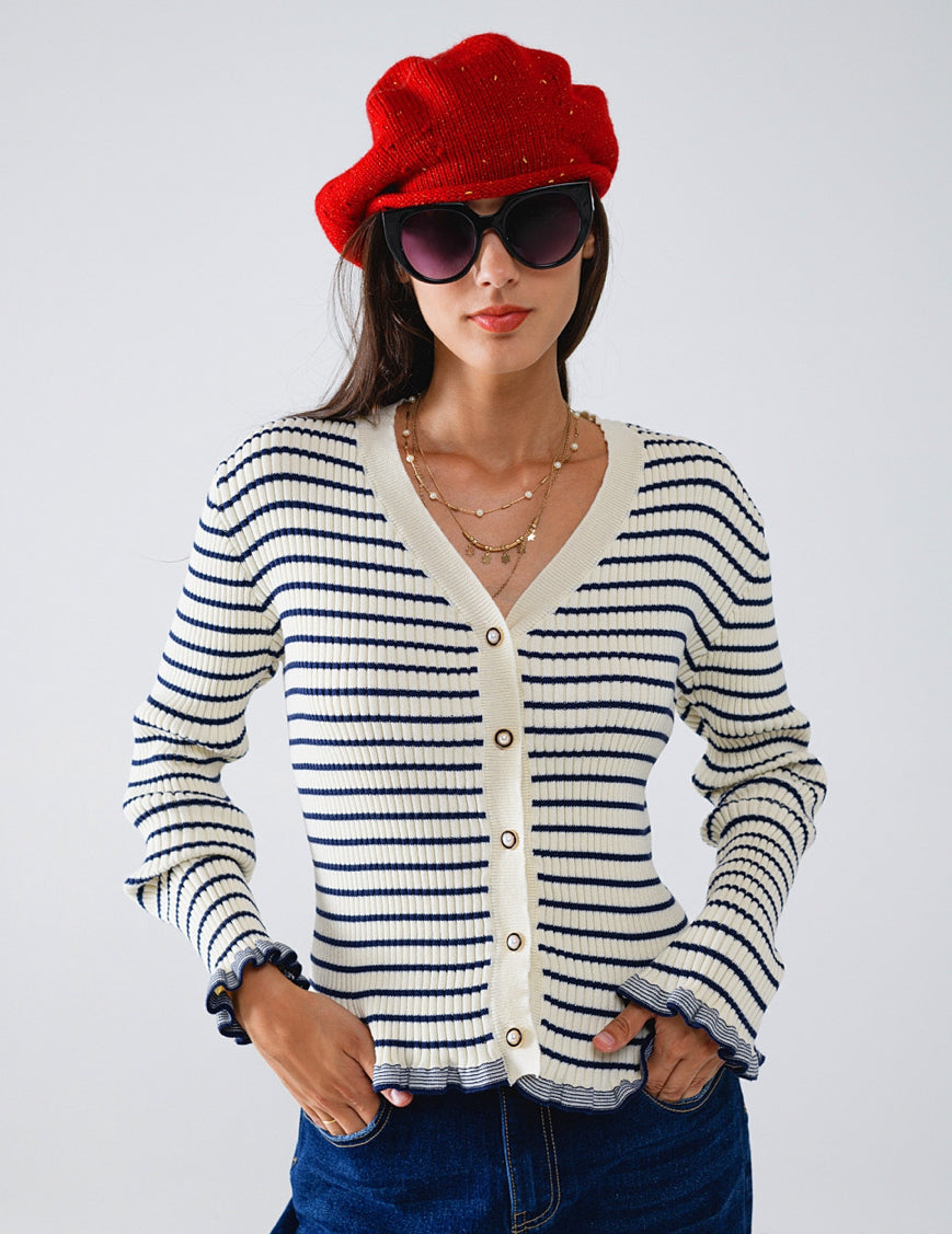 Striped Cardigan in Cream With Ruffle