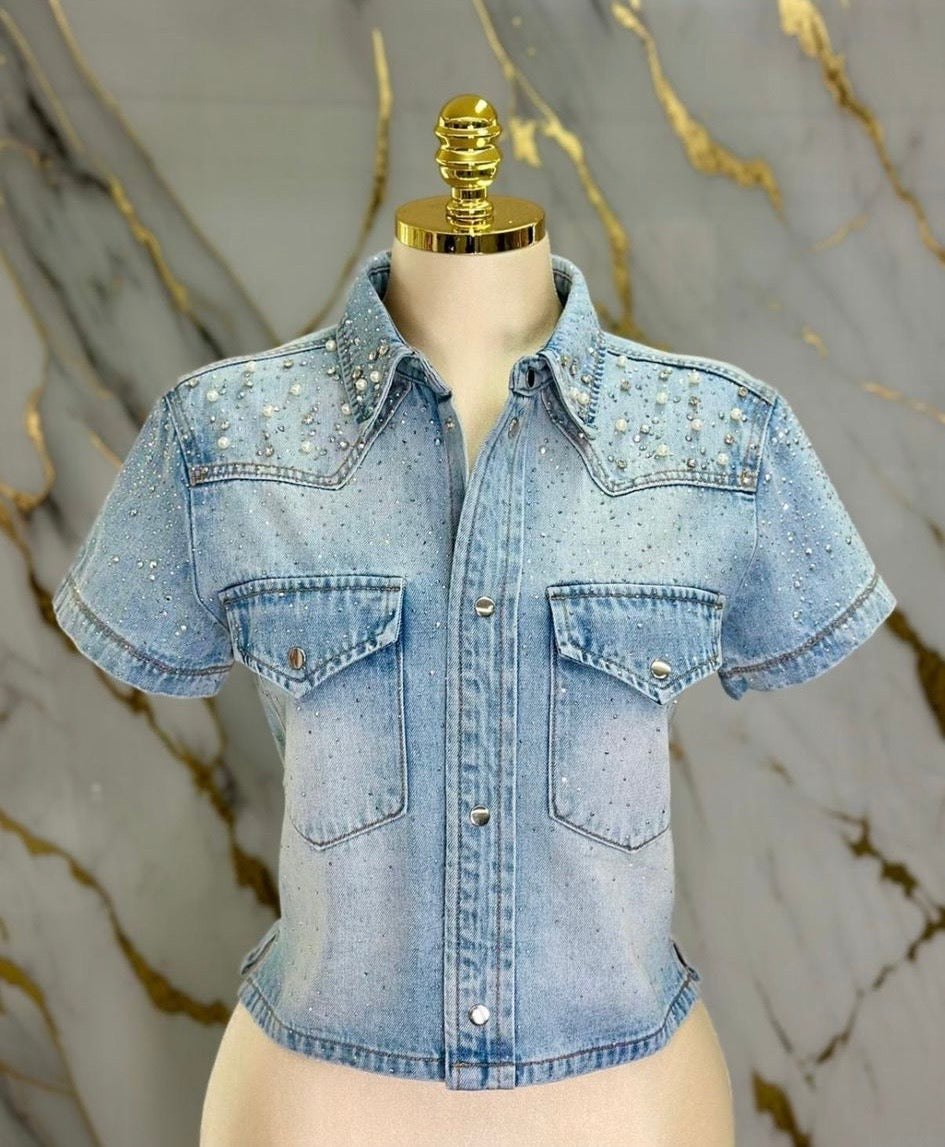 Denim Top With Pearls and Rhinestones Accents