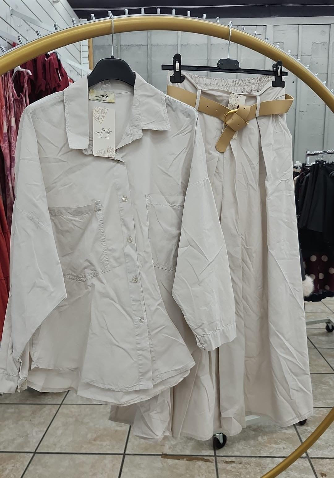 Italian Shirt and Palazzo Set With Belt Beige