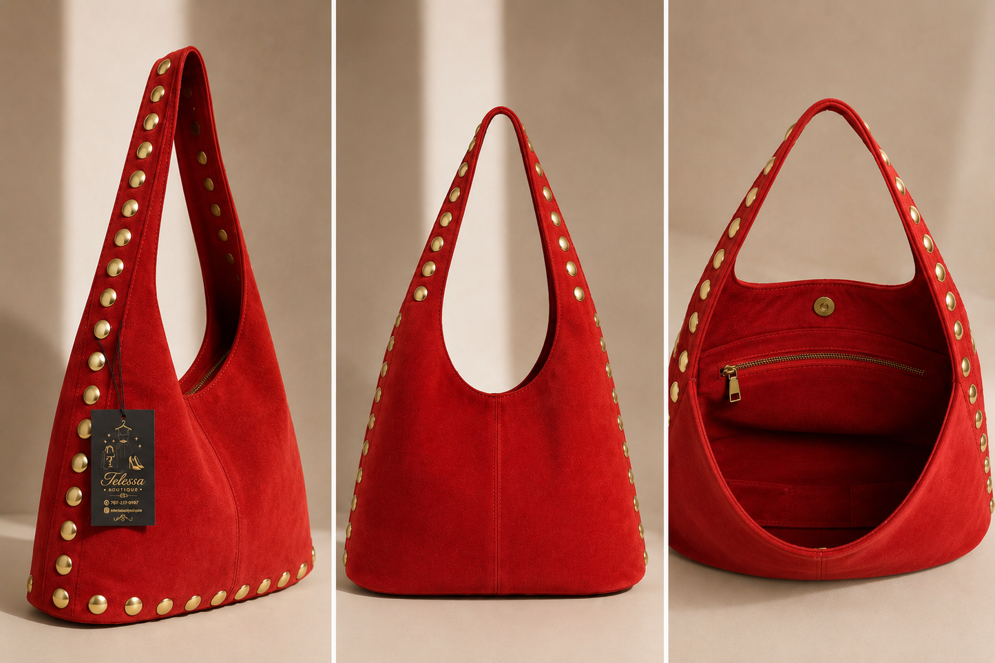 Red Milano Studded Suede Bag