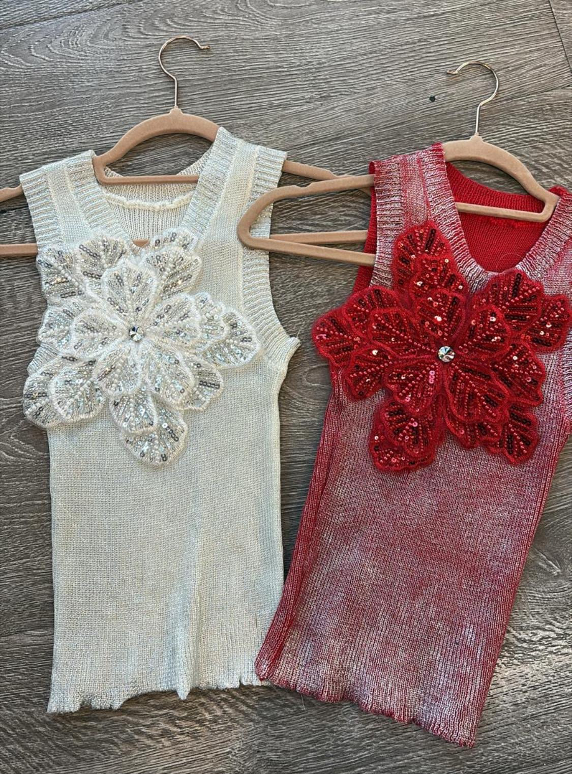 Beaded Flower Top Red