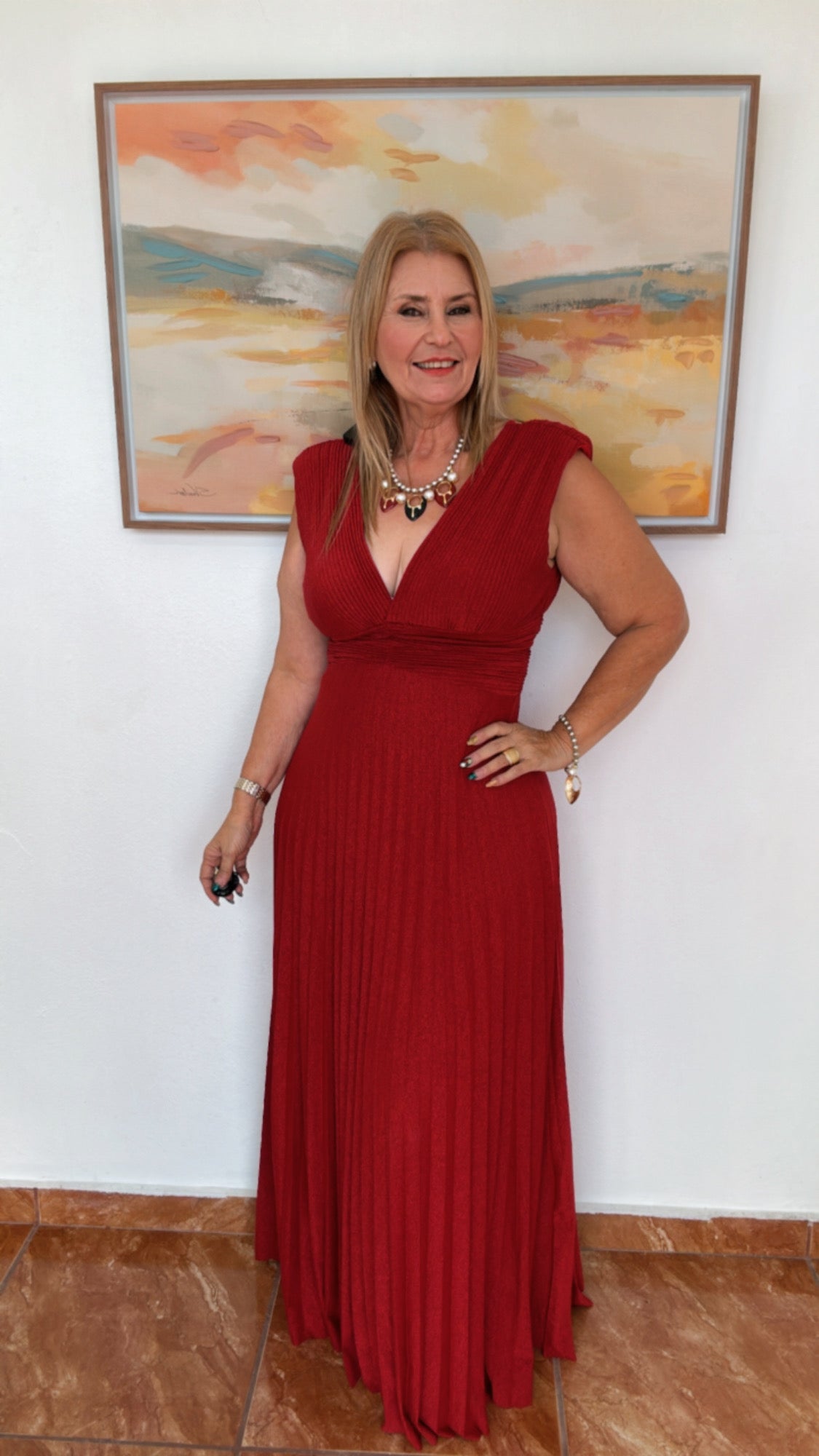 Italian Sleeveless V-neck pleated Maxi Dress Brown