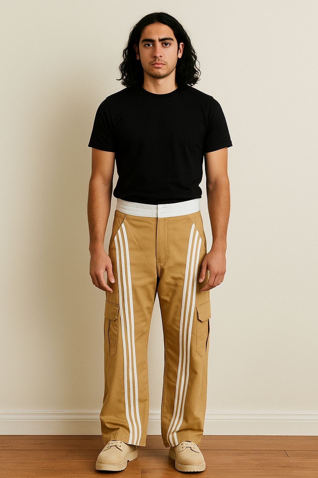 Beige and White Lines Desing Swag pants