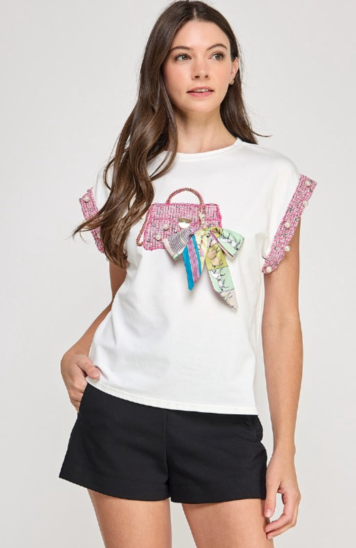 Short Sleeves Ribbon Detail Top White