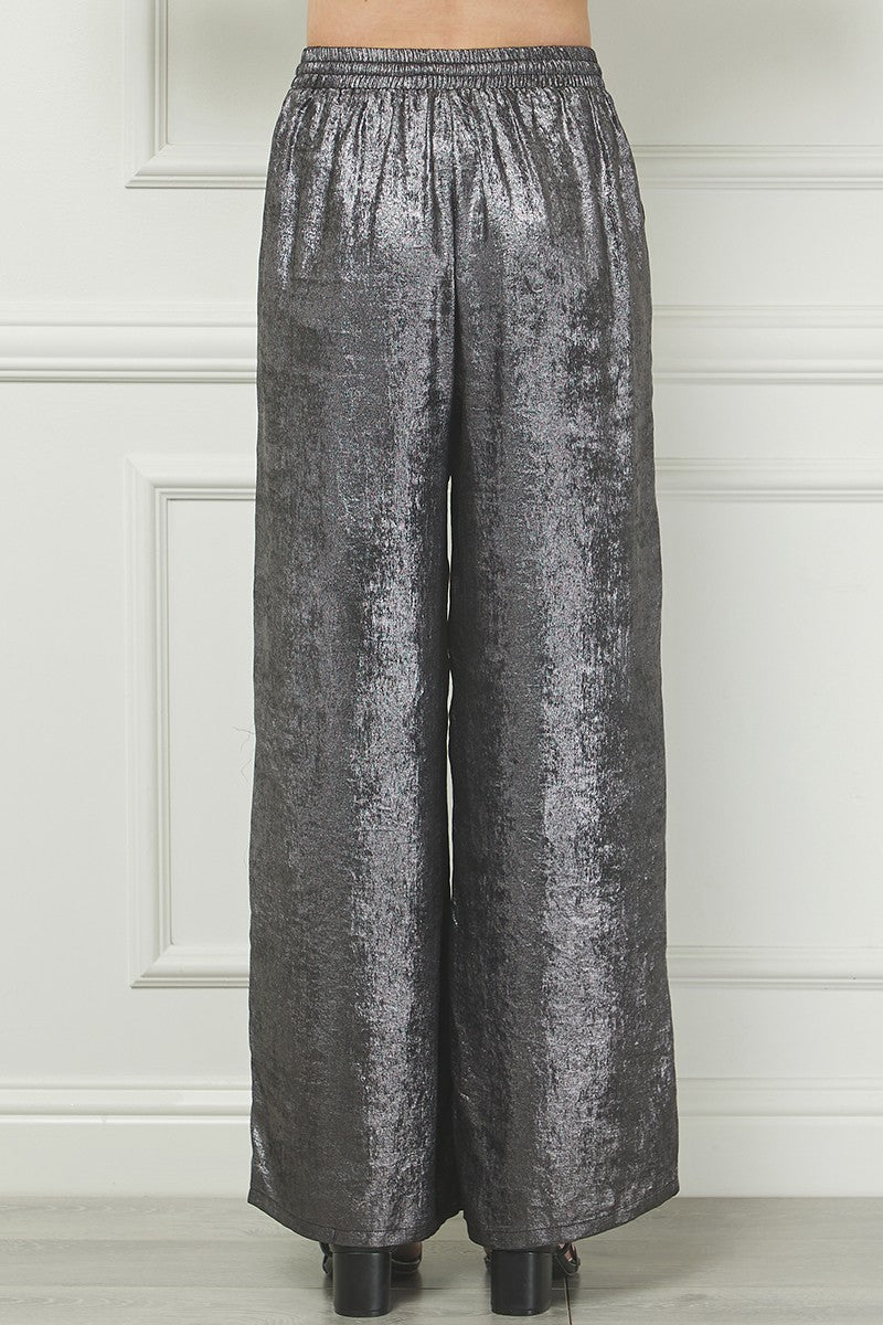 Elastic Drawsting Waist Soft Pant in Brushed Satin in Gunmetal