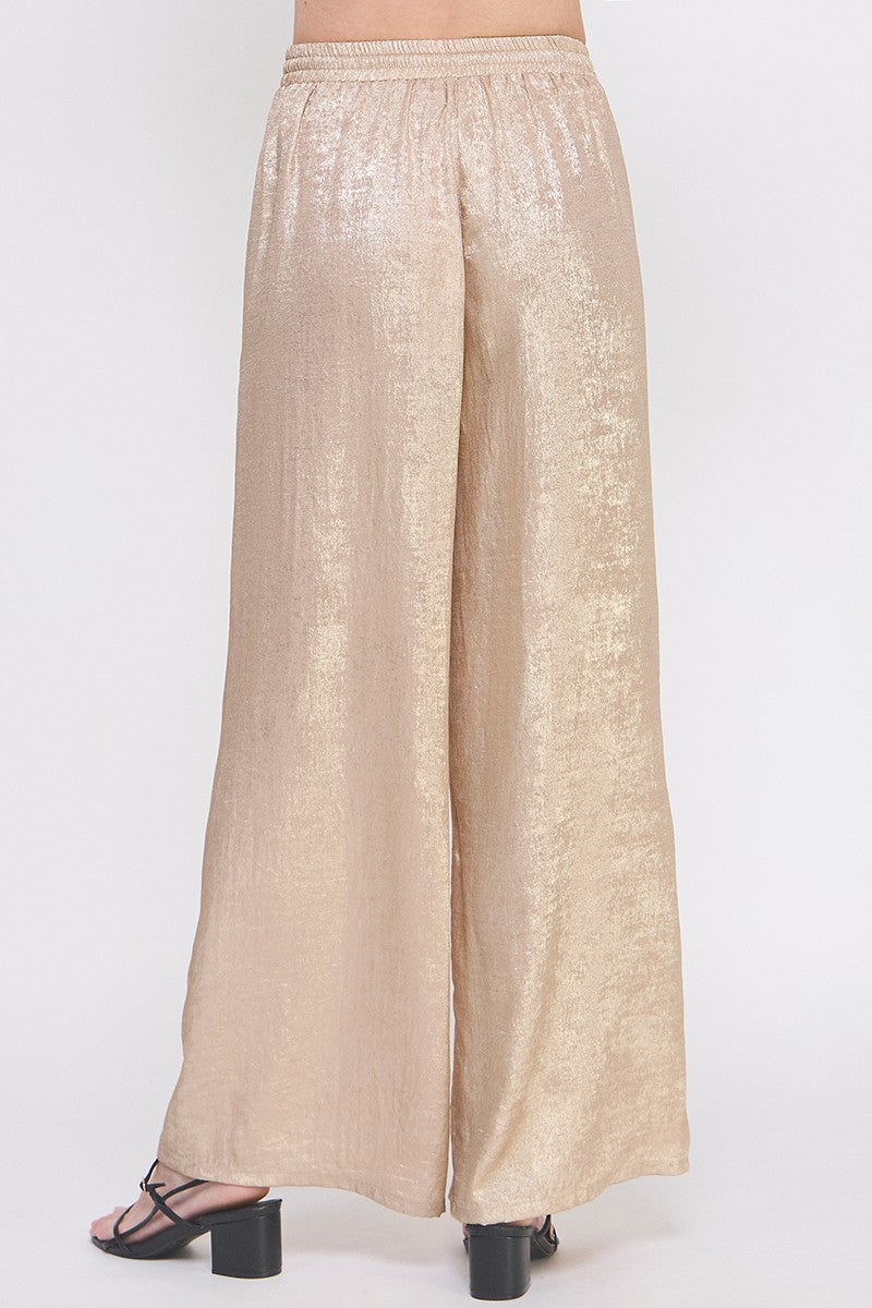 Elastic Drawstring Waist Soft Pant in Brushed Satin in Gold