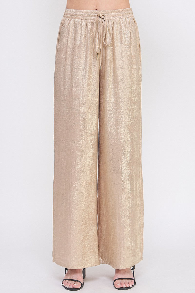 Elastic Drawstring Waist Soft Pant in Brushed Satin in Gold