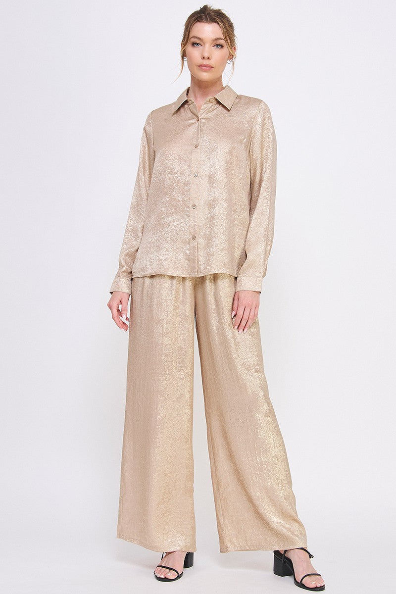 Elastic Drawstring Waist Soft Pant in Brushed Satin in Gold