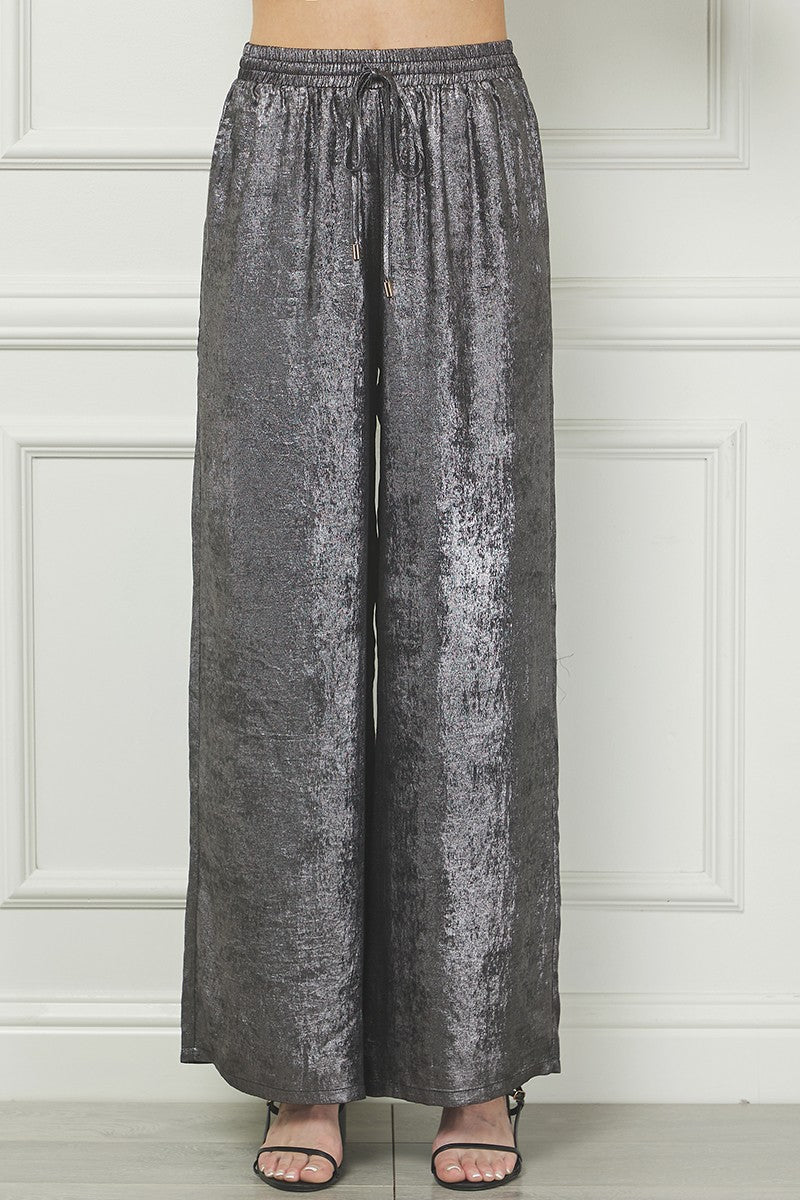 Elastic Drawsting Waist Soft Pant in Brushed Satin in Gunmetal