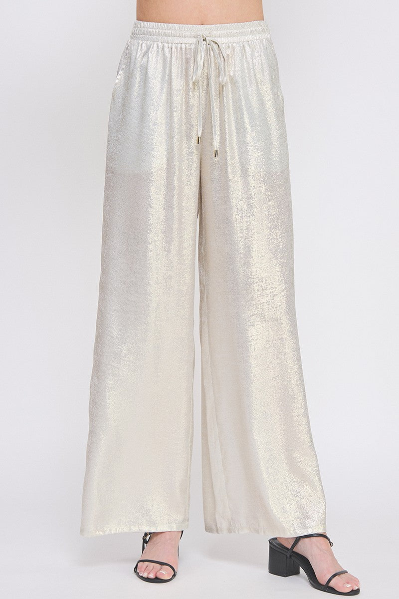 Elastic Drawstring Waist Soft Pant in Brushed Satin Silver