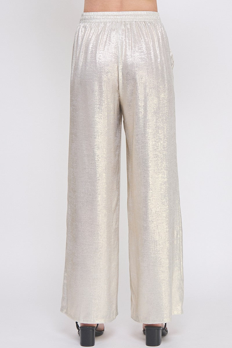 Elastic Drawstring Waist Soft Pant in Brushed Satin Silver