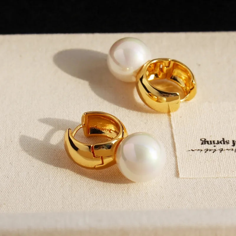 Geometric Patchwork Brass Artificial Pearls 24K Gold Plated Drop Earrings