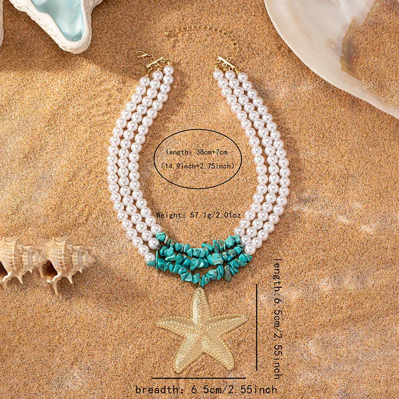 Fake Pearl Beaded Necklace Multi-layer Simple Star Turquoise