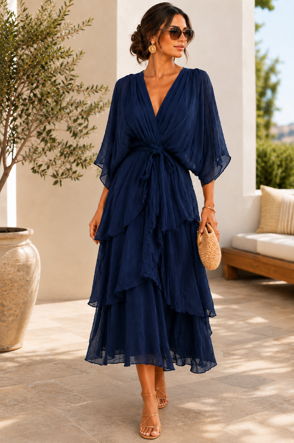 Italian Navy Serena Pearl-Finish Midi Dress