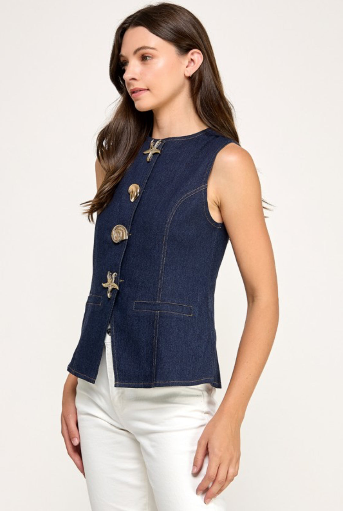 Sleeveless Metal Button Detail Denim Shirt Blue